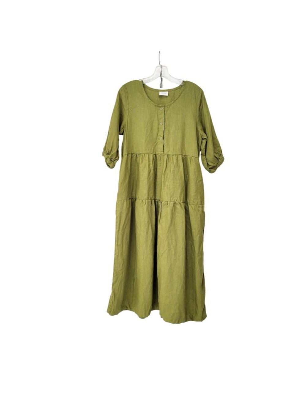 Conscious Clothing Olive Green Tiered Linen Midi Dress With 3/4 Sleeves Sustaina - Picture 5 of 7